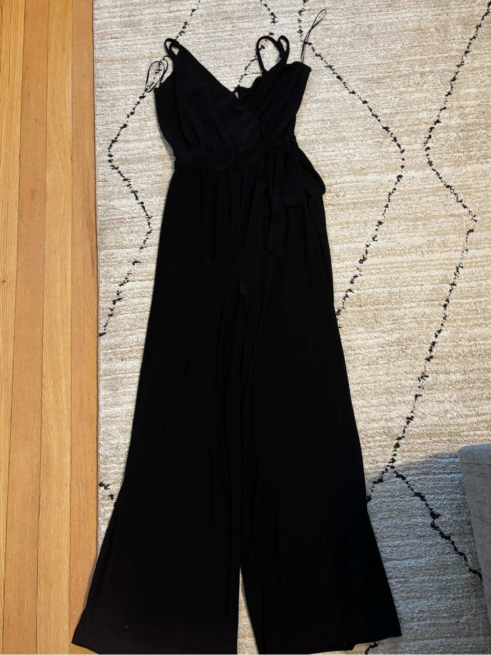 Kaileigh Black Strapless Wrap-Front Wide Leg Jumpsuit with Side Tie